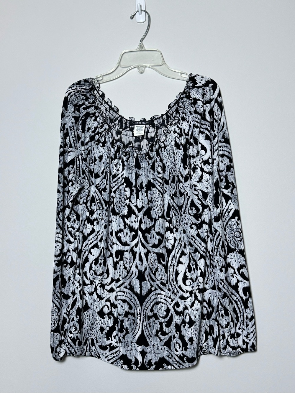 Carol Rose Black and White Printed Long Sleeve Peasant Boho Top Elastic Sleeves